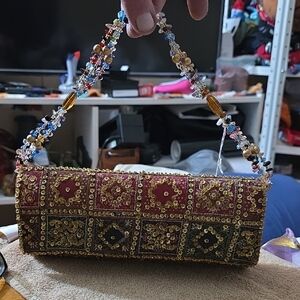 Hand Beaded Purse Bag Made In India  BURGUNDY/GREEN & GOLD